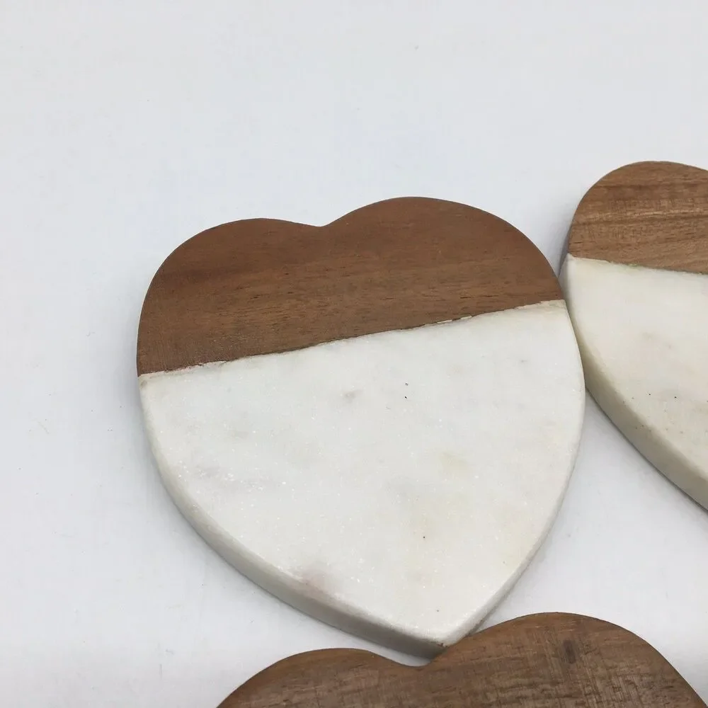 Heart Shape Wood And White Marble Coaster Set Of 4 New Made In India